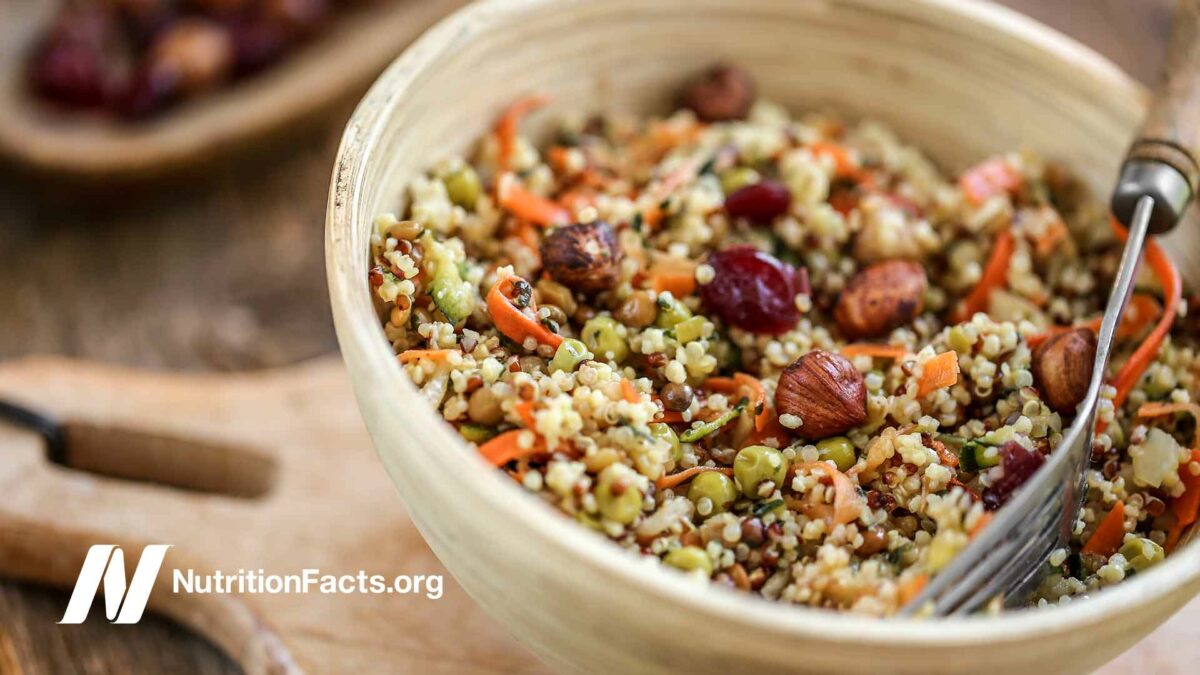 a bowl filled with grains and beans