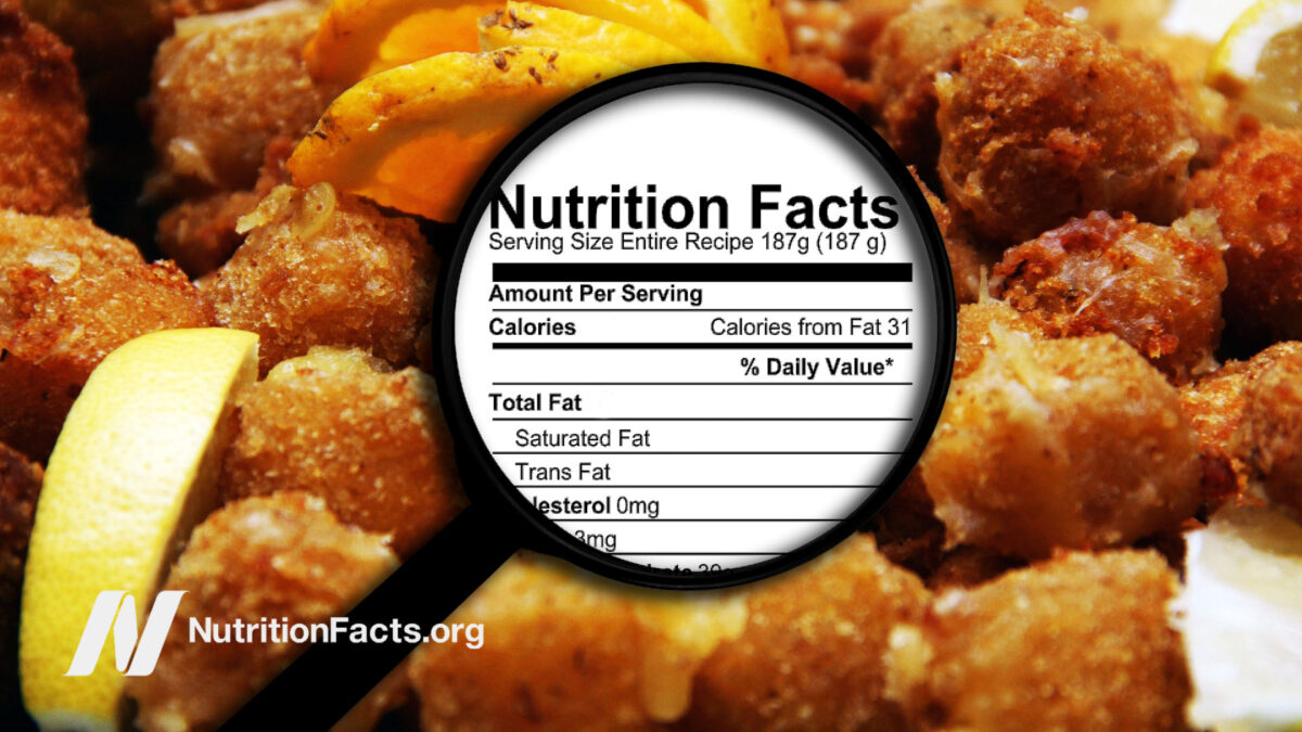 plate of junk food with fat nutrition label