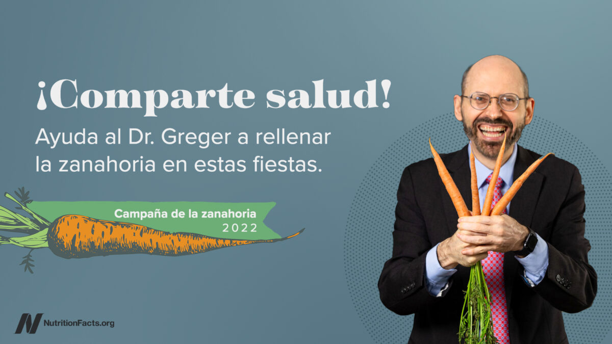 imagen del Dr. Greger con unas zanahorias y un texto que dice "Comparte salud"