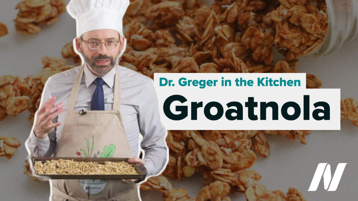 Dr. Greger with pan of groatnola
