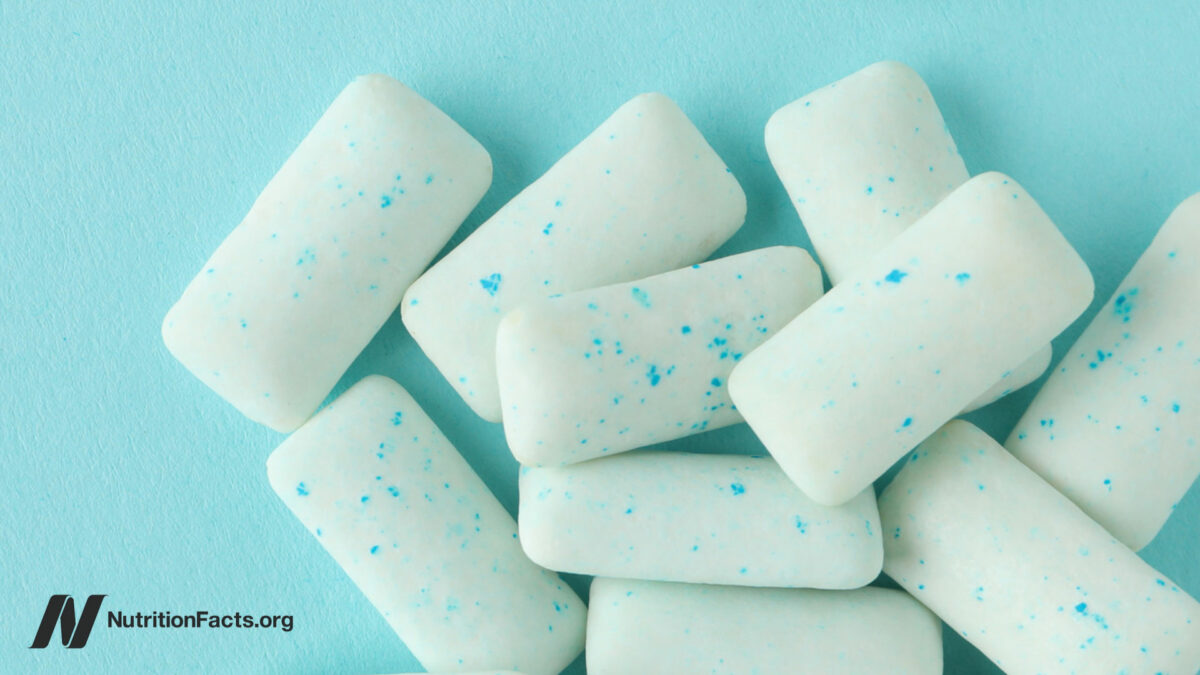 Blue and white chewing gum tablets