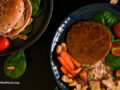 Plates with meals including plant-based patties