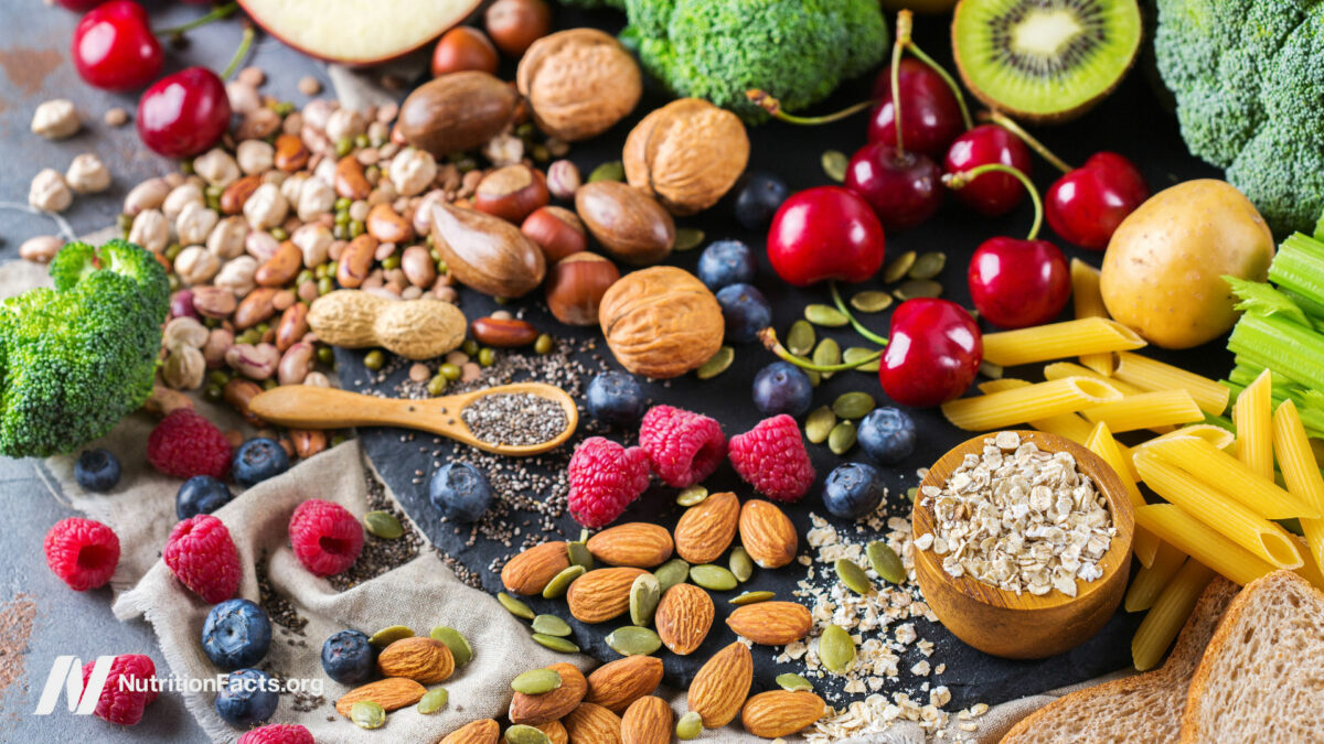Nuts, berries, grain, vegetables, and fruits spread out