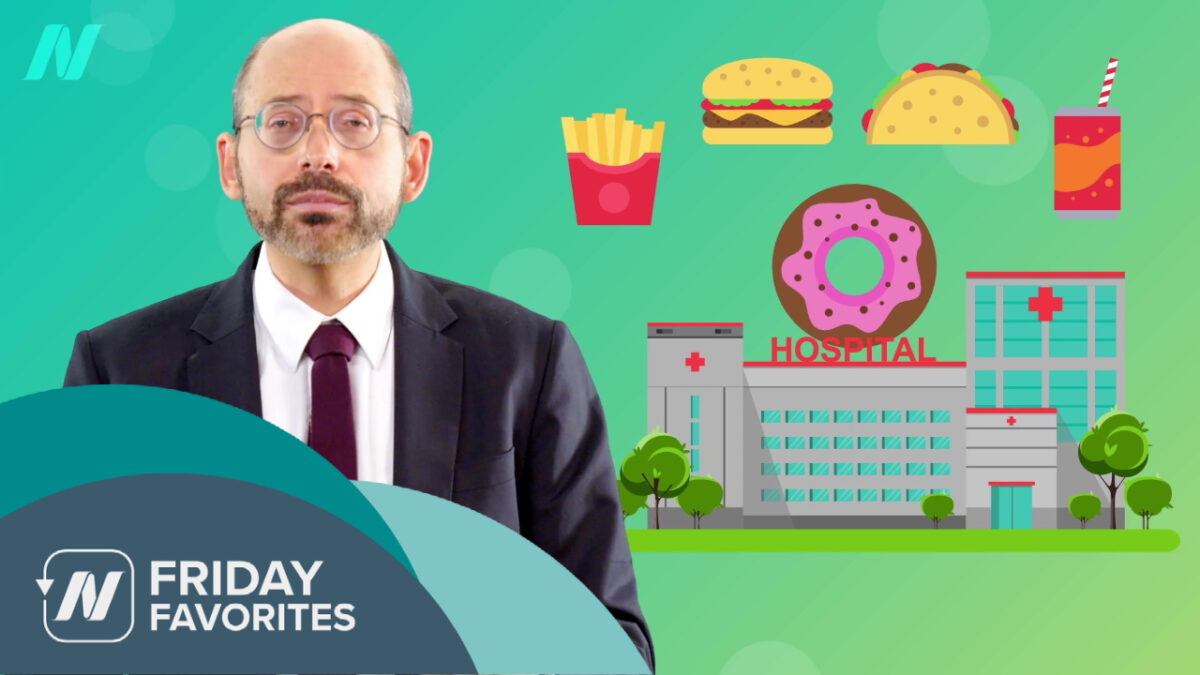 Dr. Greger with the image of a hospital