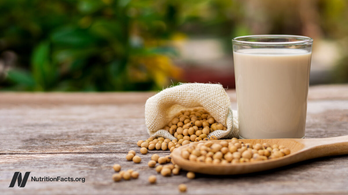 Closeup soy bean in sack and white cup of soy milk with green nature background