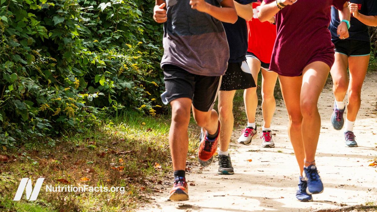 Running group coming towards camera on a trail