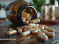 Supplement capsules from a container on a wooden table