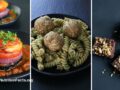 three images of plant-based holiday recipes including vegetables stacks, zucchini meatballs, and brownies