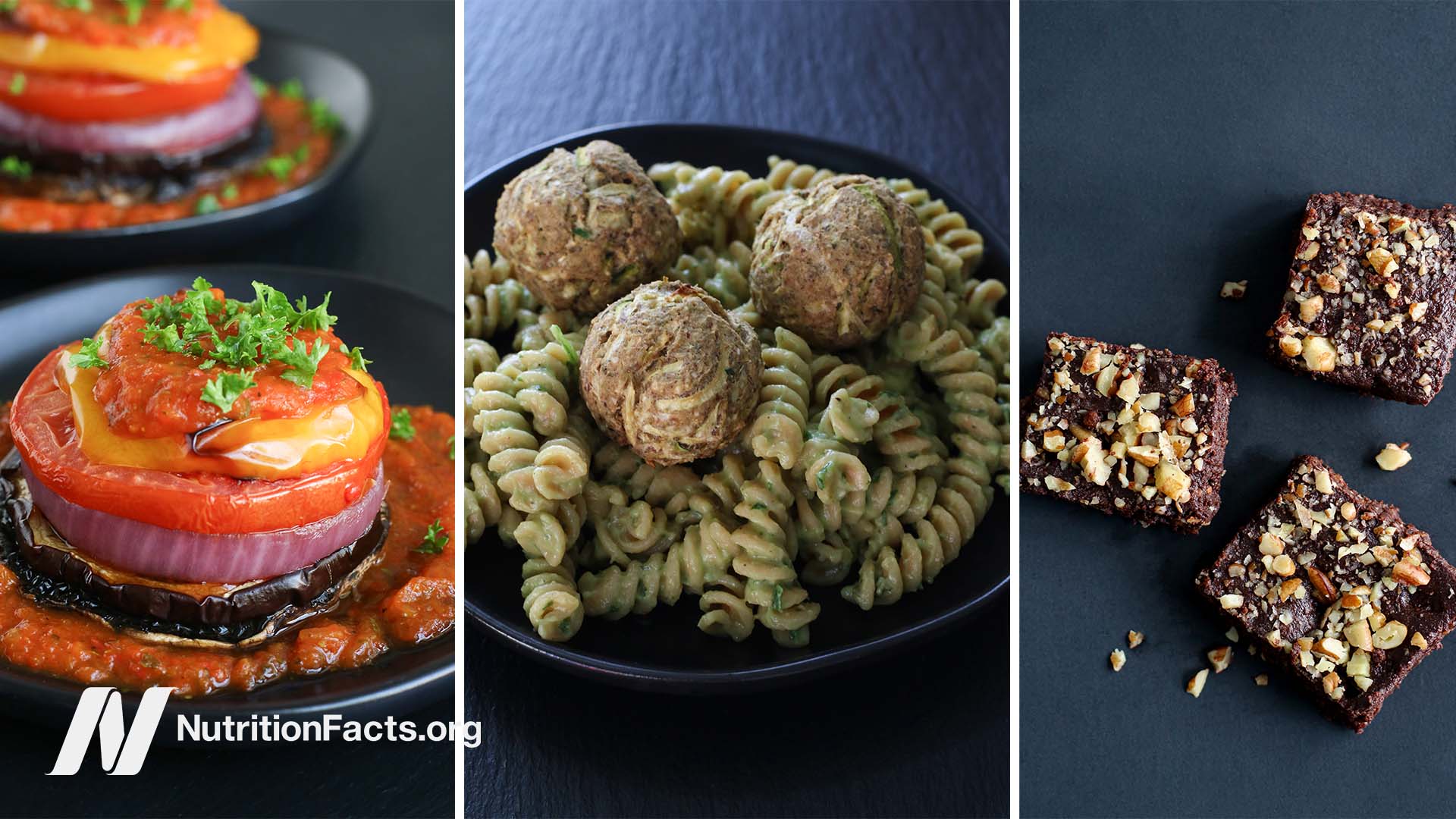 three images of plant-based holiday recipes including vegetables stacks, zucchini meatballs, and brownies