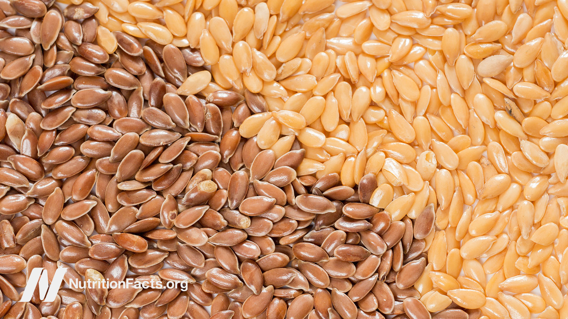Split screen of brown and golden flaxseeds