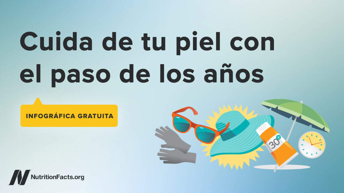 diseño con fondo azul, dibujos de objetos de playa como gafas de sol, crema solar y otros, y un título que dice "Cuida de tu piel con el paso de los años" seguido de "descarga gratuita"