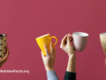 Four hands holding up different style mugs of coffee in front of a deep red berry background