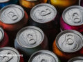 Close up view of metal cans of energy drinks