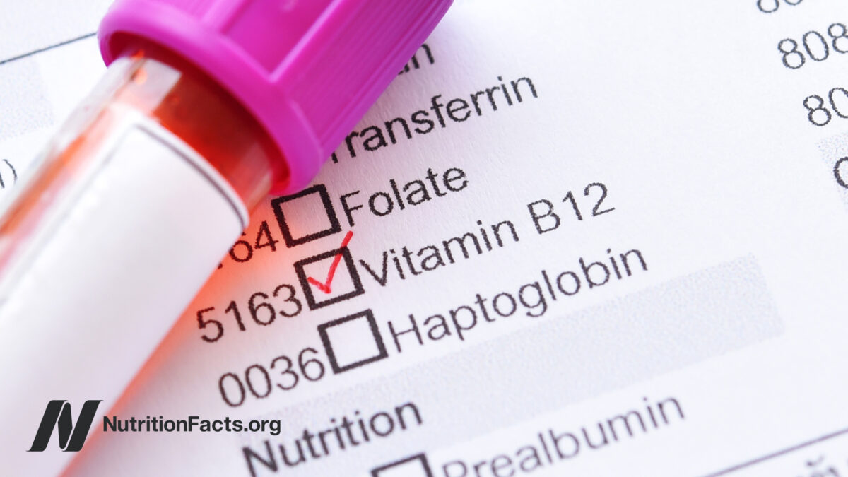 Closeup view of a blood test form with a checkmark next to Vitamin B12