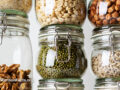 Nuts, seeds, and legumes in glass jars